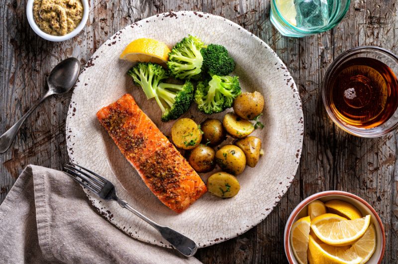 Honey-Dijon Salmon with Roasted Sweet Potatoes
&ndash; Pizzello