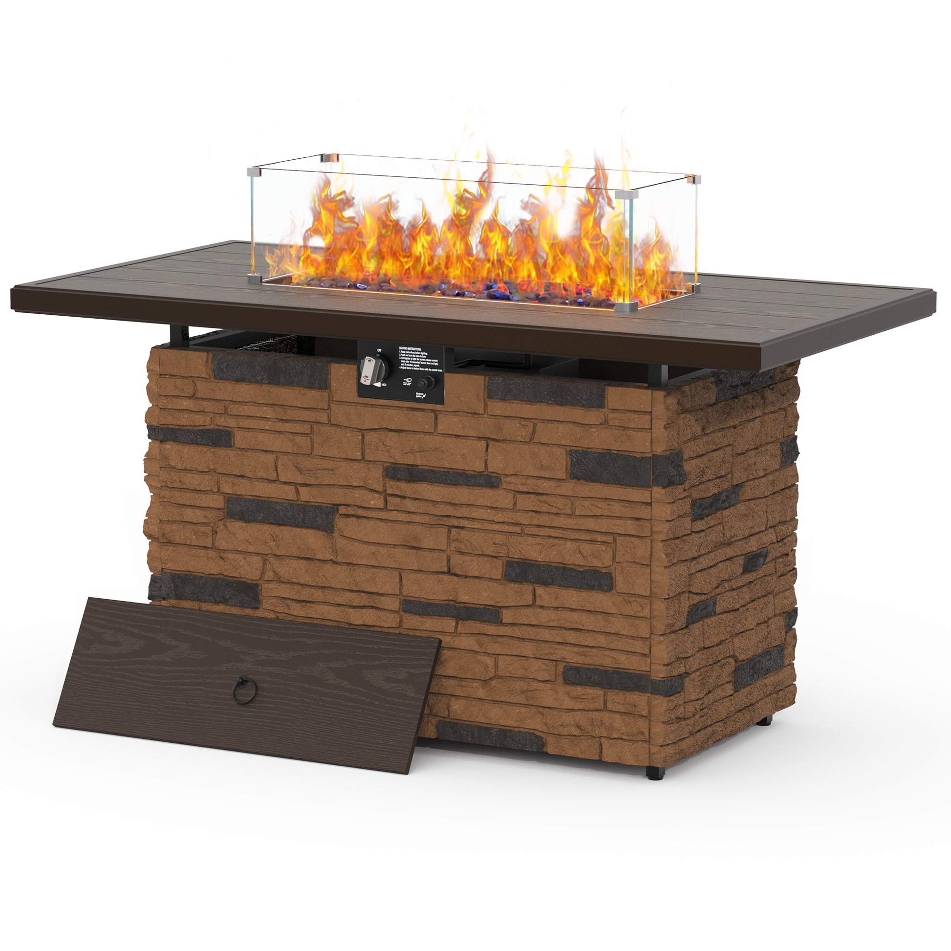 Pizzello Caldo- 43" Propane Fire Pit Table Rectangular Stone Firepit Table - Pizzello#color_brown
