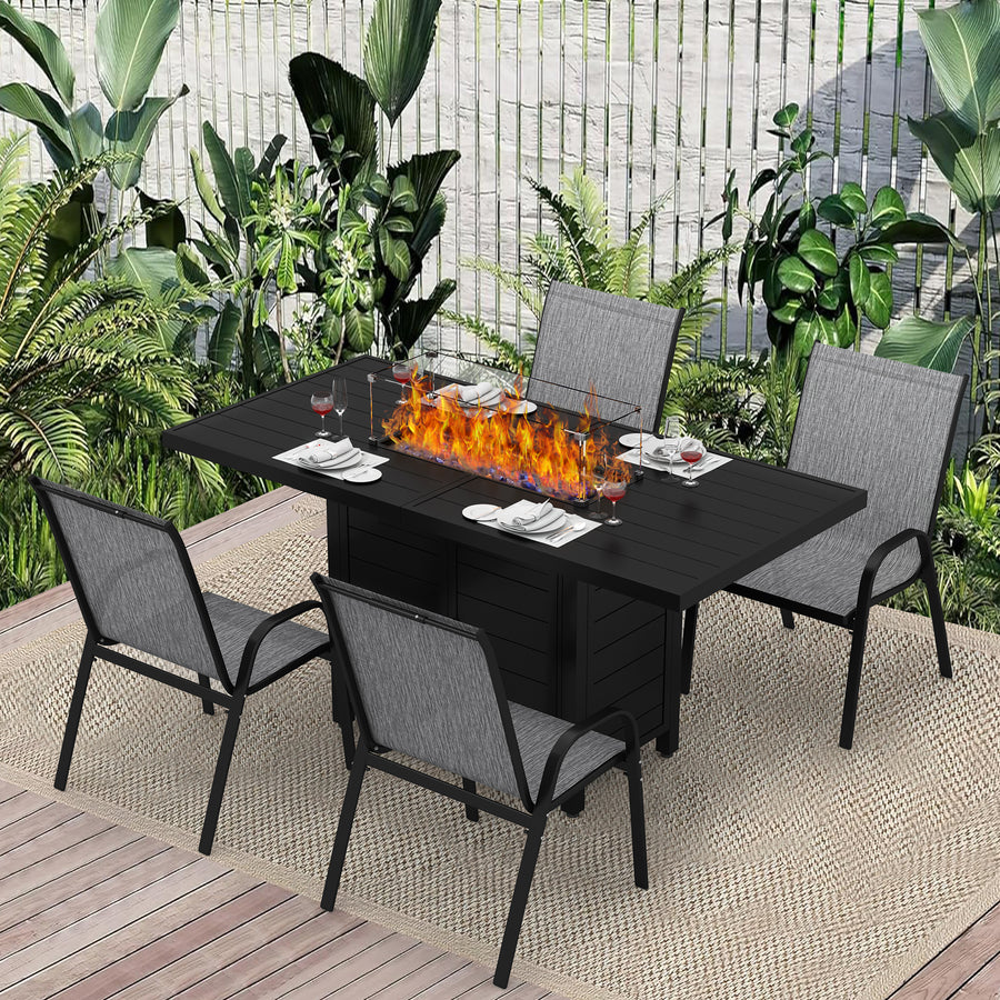 Pizzello Patio Fire Pit Set, Textilene Stackable Chairs And Aluminum Fire Table, Outdoor Firepit Dining Set