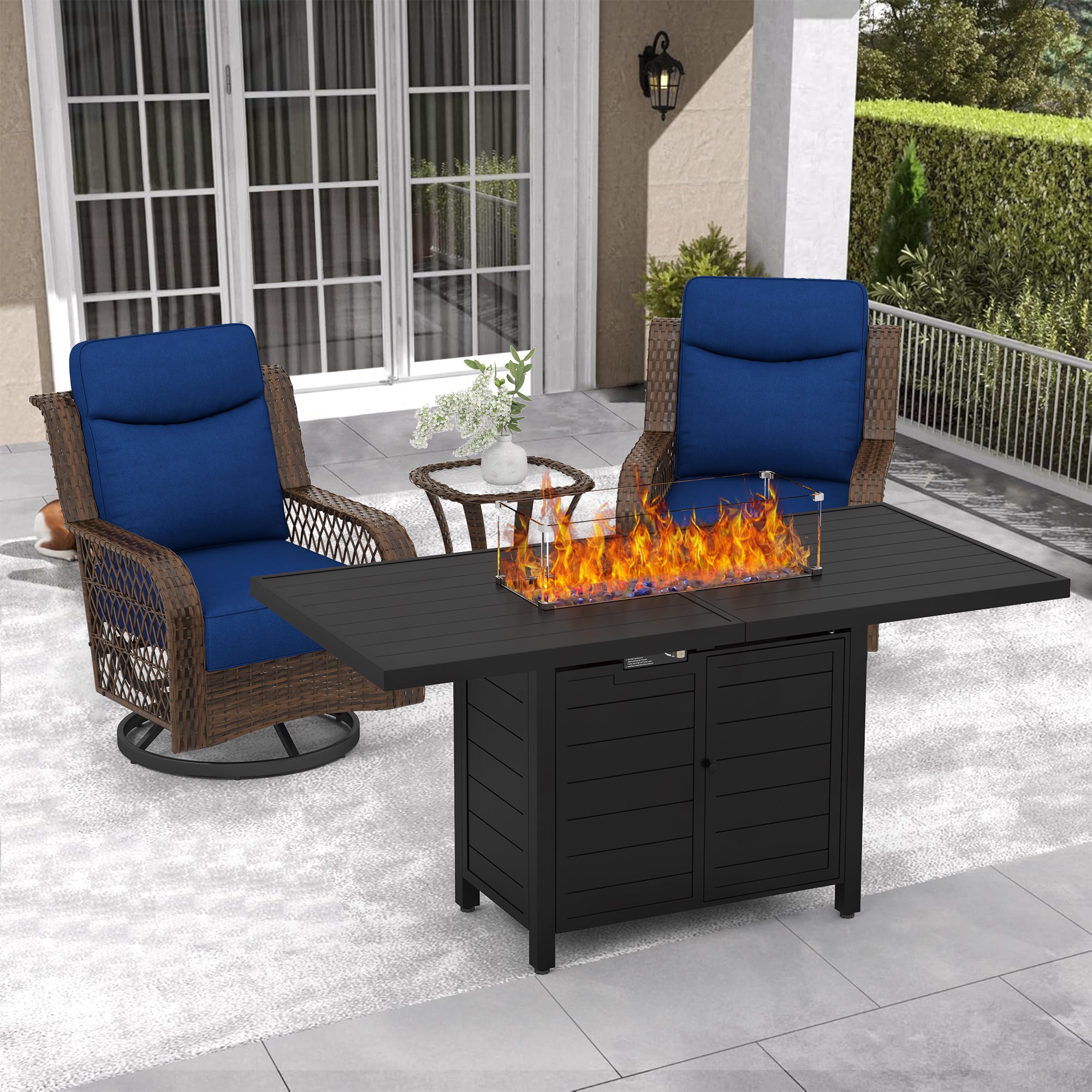 Pizzello Patio Fire Pit Set, Wicker Swivel Rocking Chairs And Aluminum
