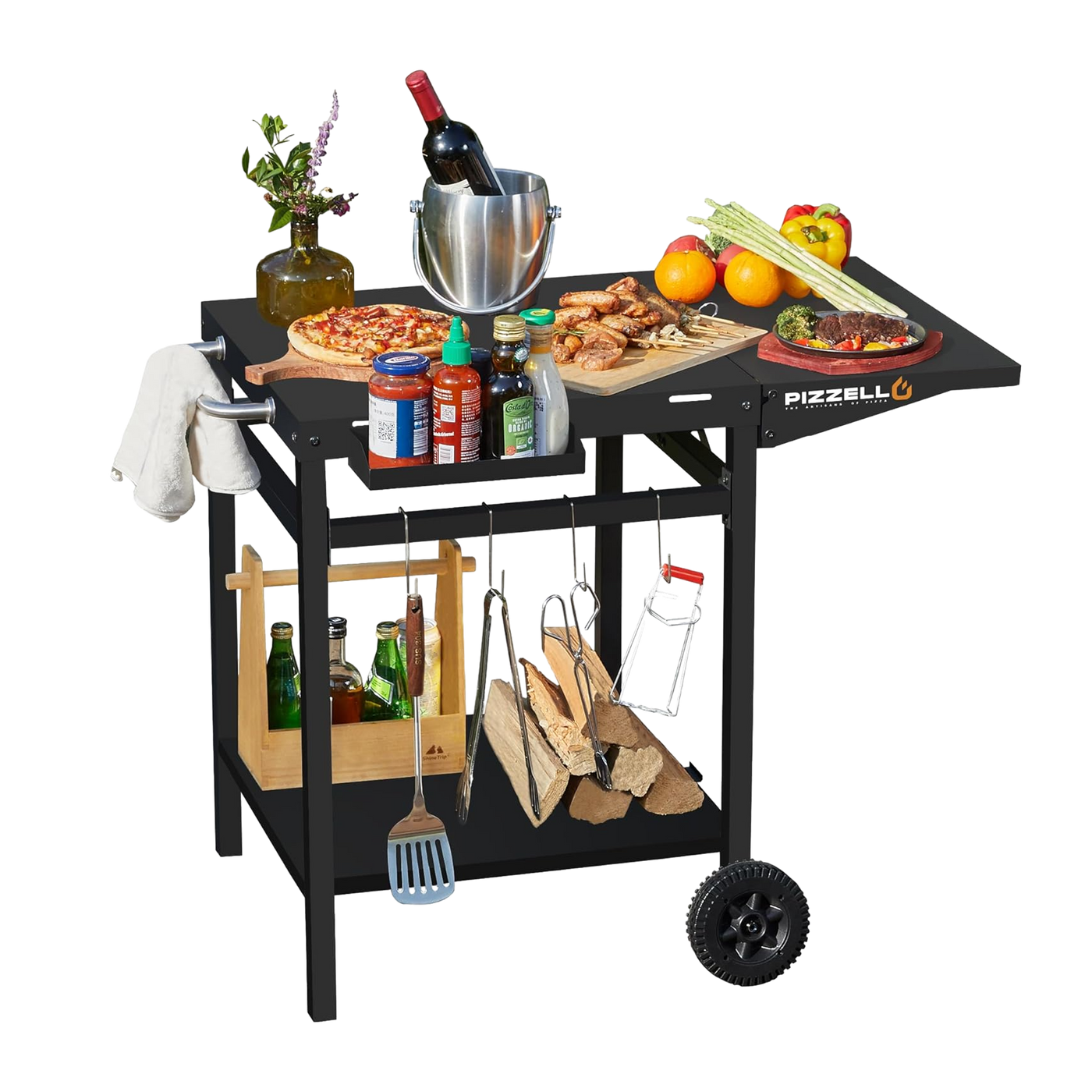 Black Pizza Oven & Cart with pizza, grilled meat, veggies on top; bucket of drinks, logs below. All at an unbeatable Walmart price.