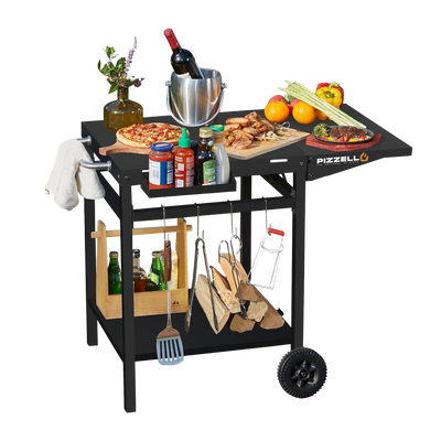 Black Pizza Oven & Cart with pizza, grilled meat, veggies on top; bucket of drinks, logs below. All at an unbeatable Walmart price.