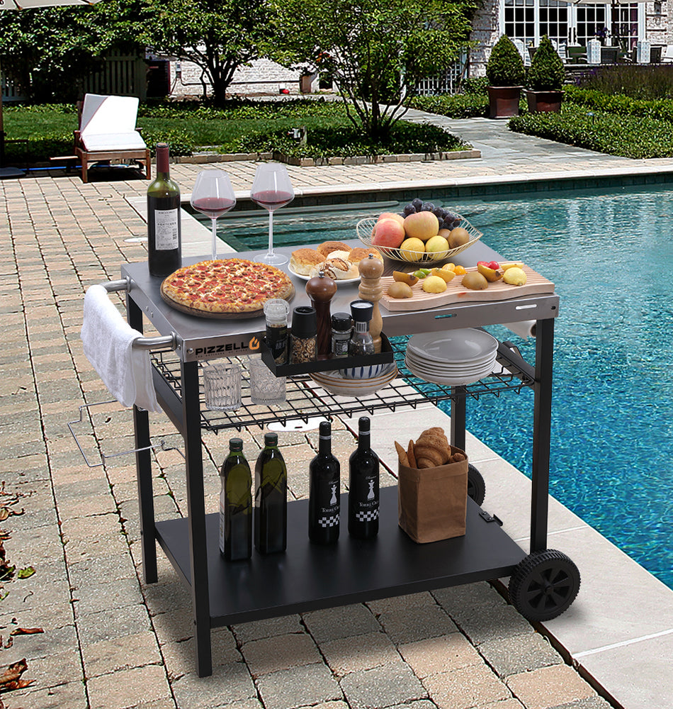 Three-Shelf Outdoor Grill Dining Cart Movable BBQ Trolley with Two Wheels Pizzello Color: Black/Stainless Steel