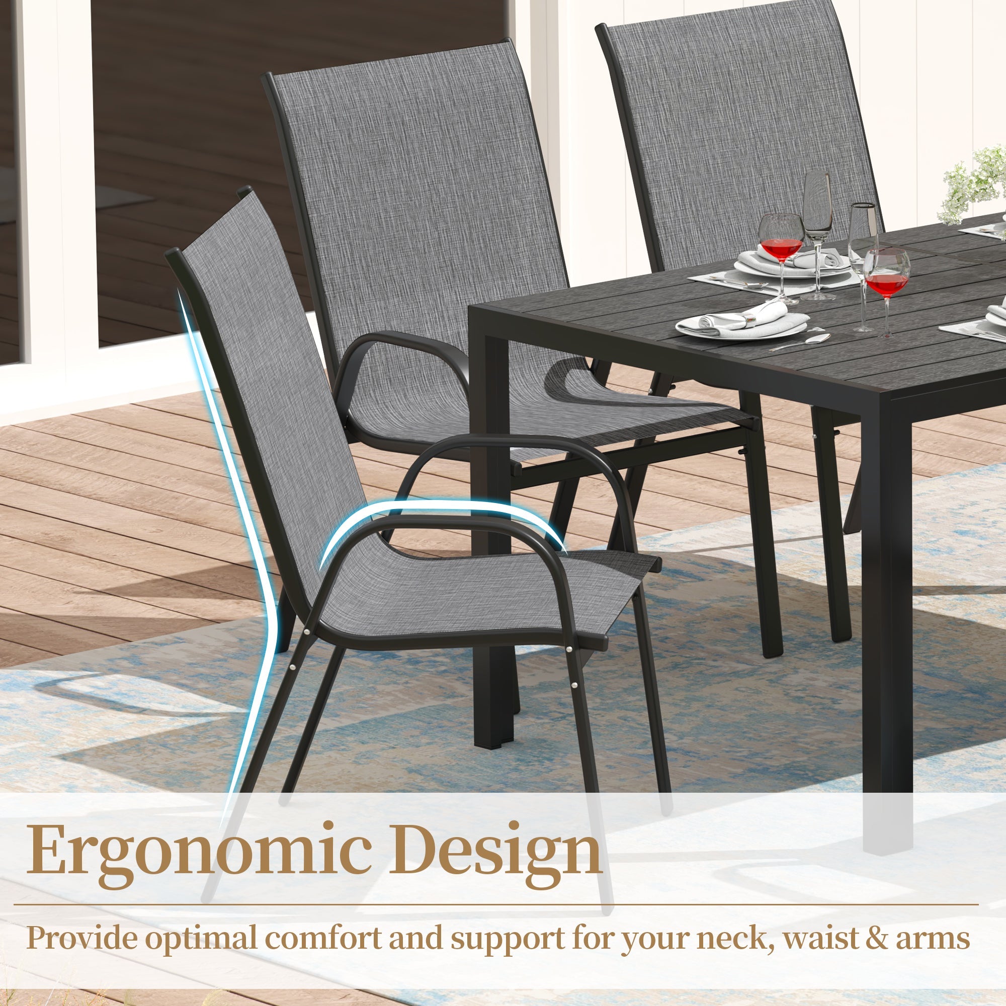 Pizzello Outdoor Dining Set, Textilene Stackable Chairs and Rectangula