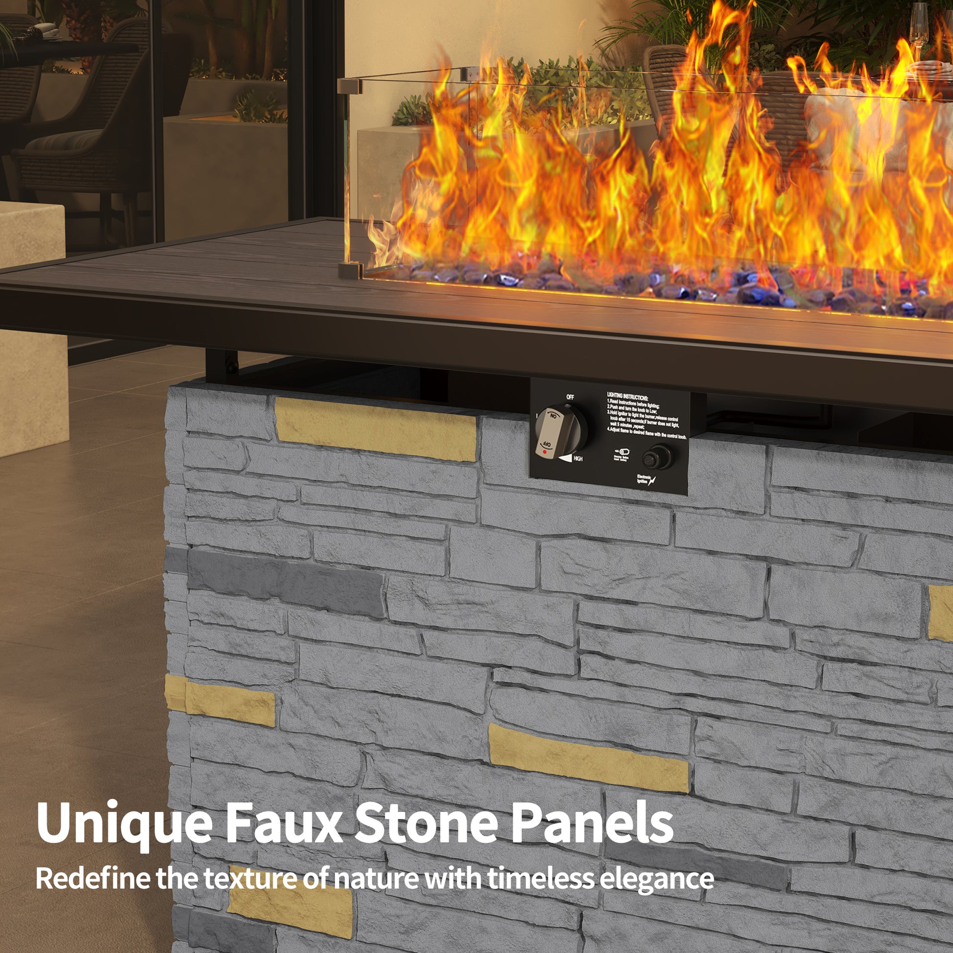 Pizzello Caldo- 43" Propane Fire Pit Table Rectangular Stone Firepit Table - Pizzello#color_gray
