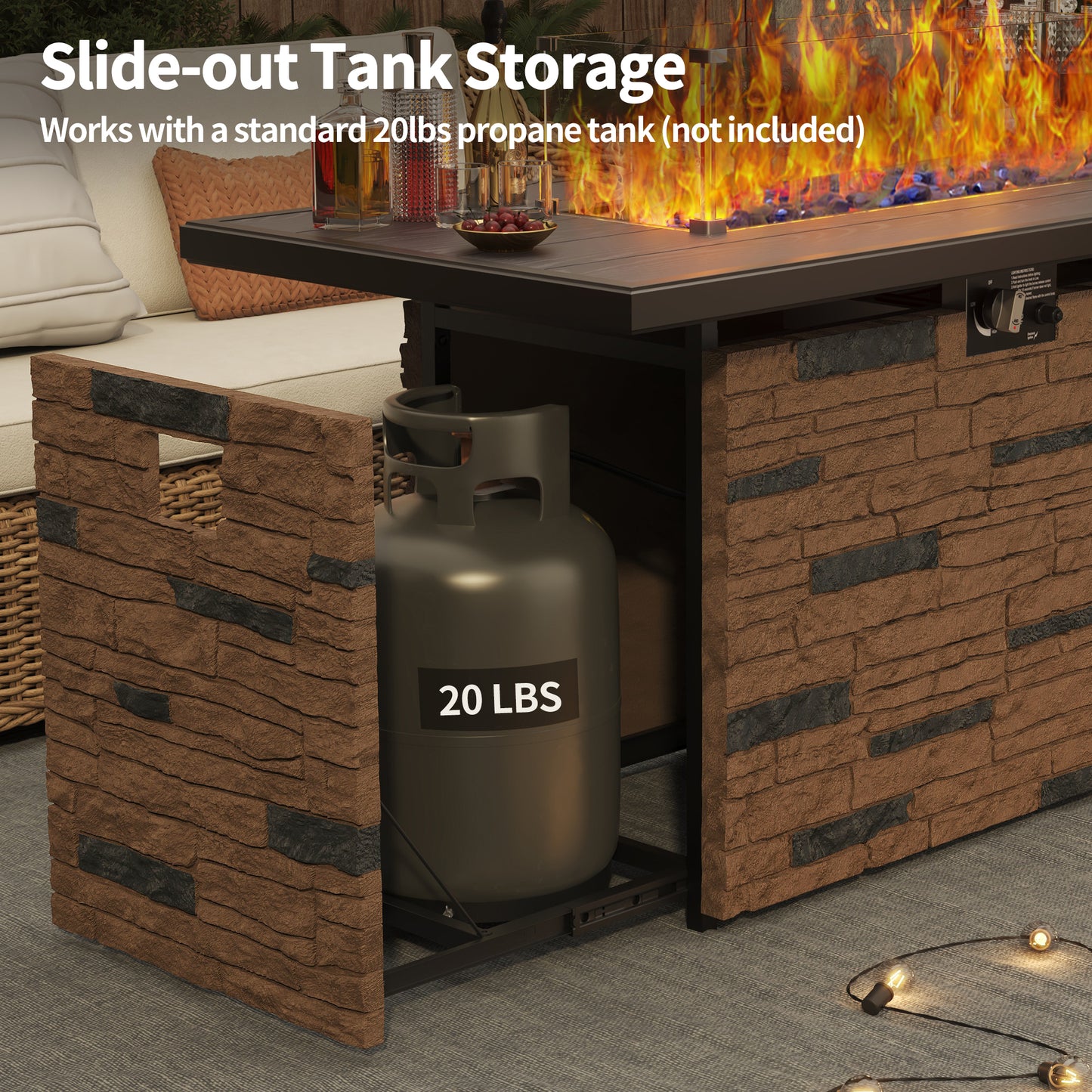 Pizzello Caldo- 43" Propane Fire Pit Table Rectangular Stone Firepit Table - Pizzello#color_brown