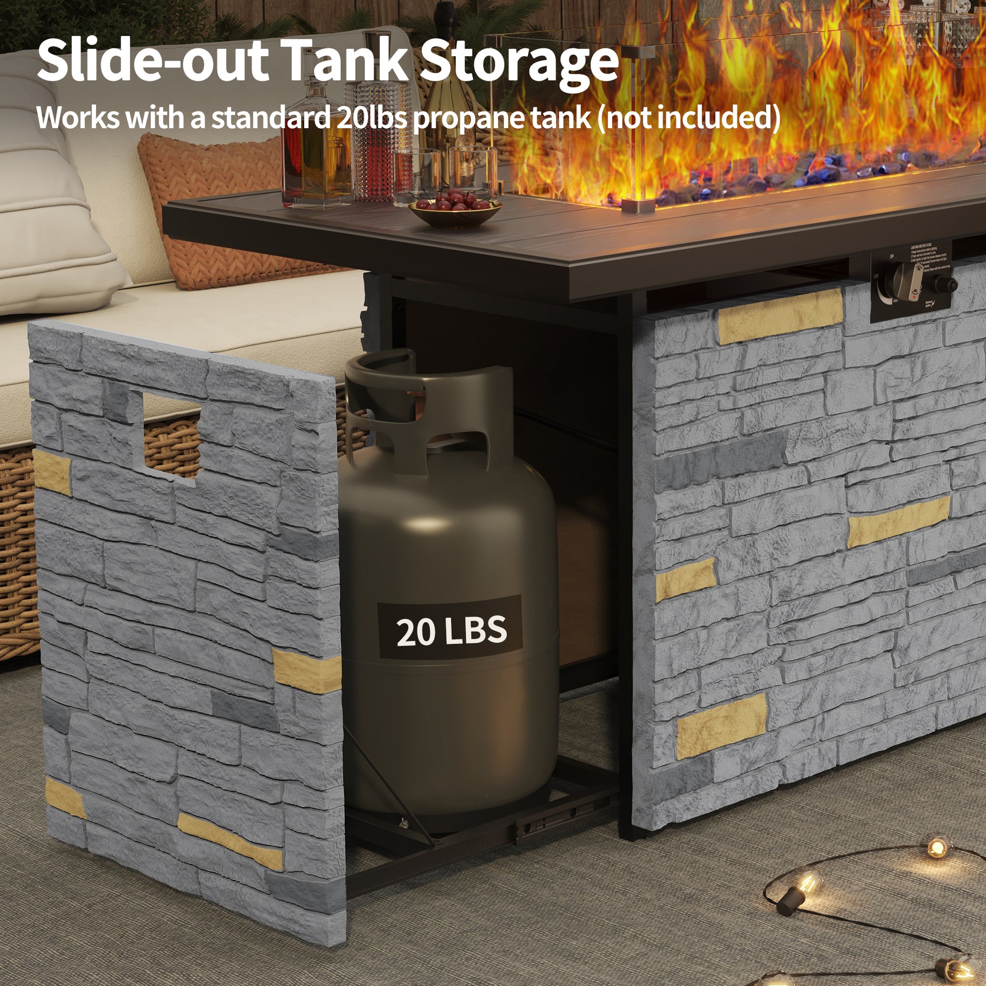 Pizzello Caldo- 43" Propane Fire Pit Table Rectangular Stone Firepit Table - Pizzello#color_gray