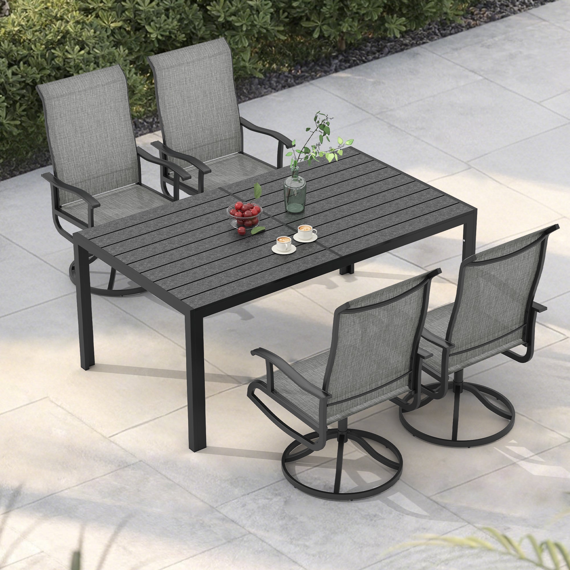 Pizzello Outdoor Dining Set, Textilene Stackable Chairs and Rectangula