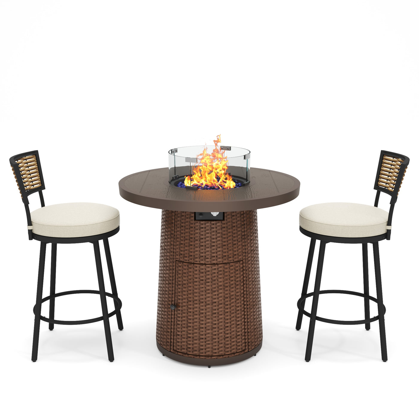 Pizzello Godere - 31.5" Propane Fire Pit Table Outdoor Round Wicker Gas Fire Table#color_brown