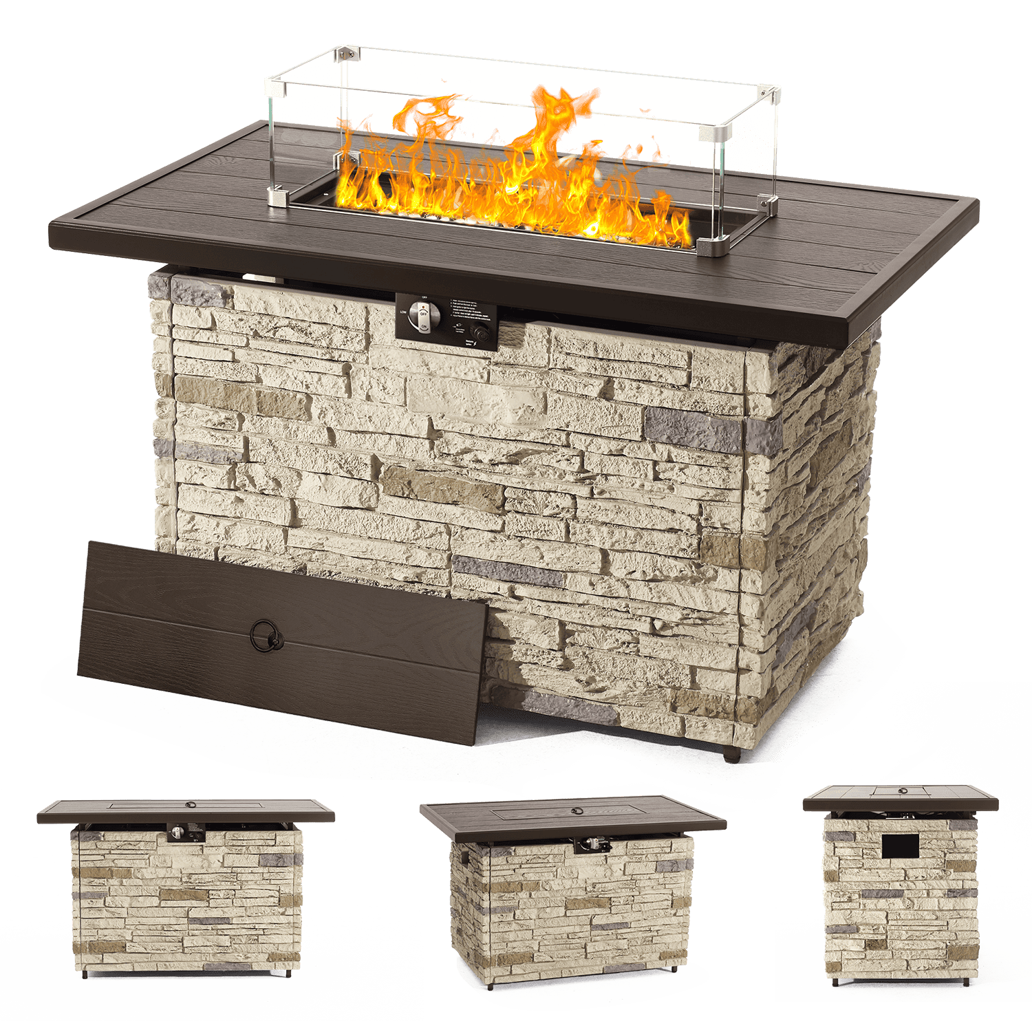 Pizzello Caldo- 43" Propane Fire Pit Table Rectangular Stone Firepit Table - Pizzello#color_buff