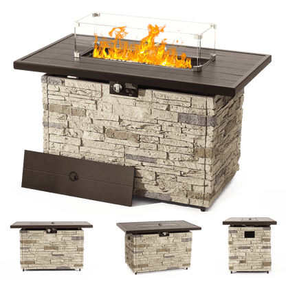Pizzello Caldo- 43" Propane Fire Pit Table Rectangular Stone Firepit Table - Pizzello#color_buff