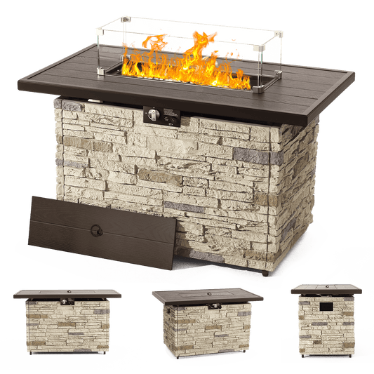Pizzello Caldo- 43" Propane Fire Pit Table Rectangular Stone Firepit Table - Pizzello#color_buff