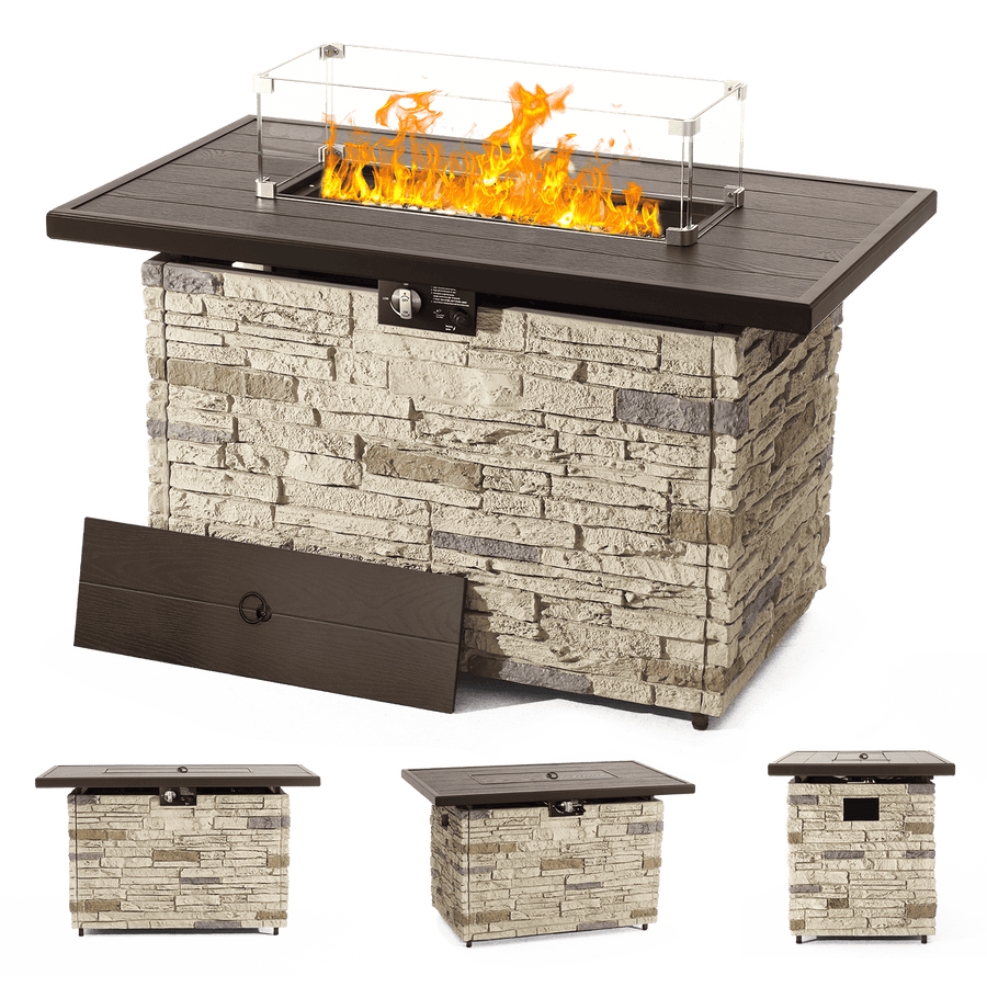 Pizzello Caldo- 43" Propane Fire Pit Table Rectangular Stone Firepit Table