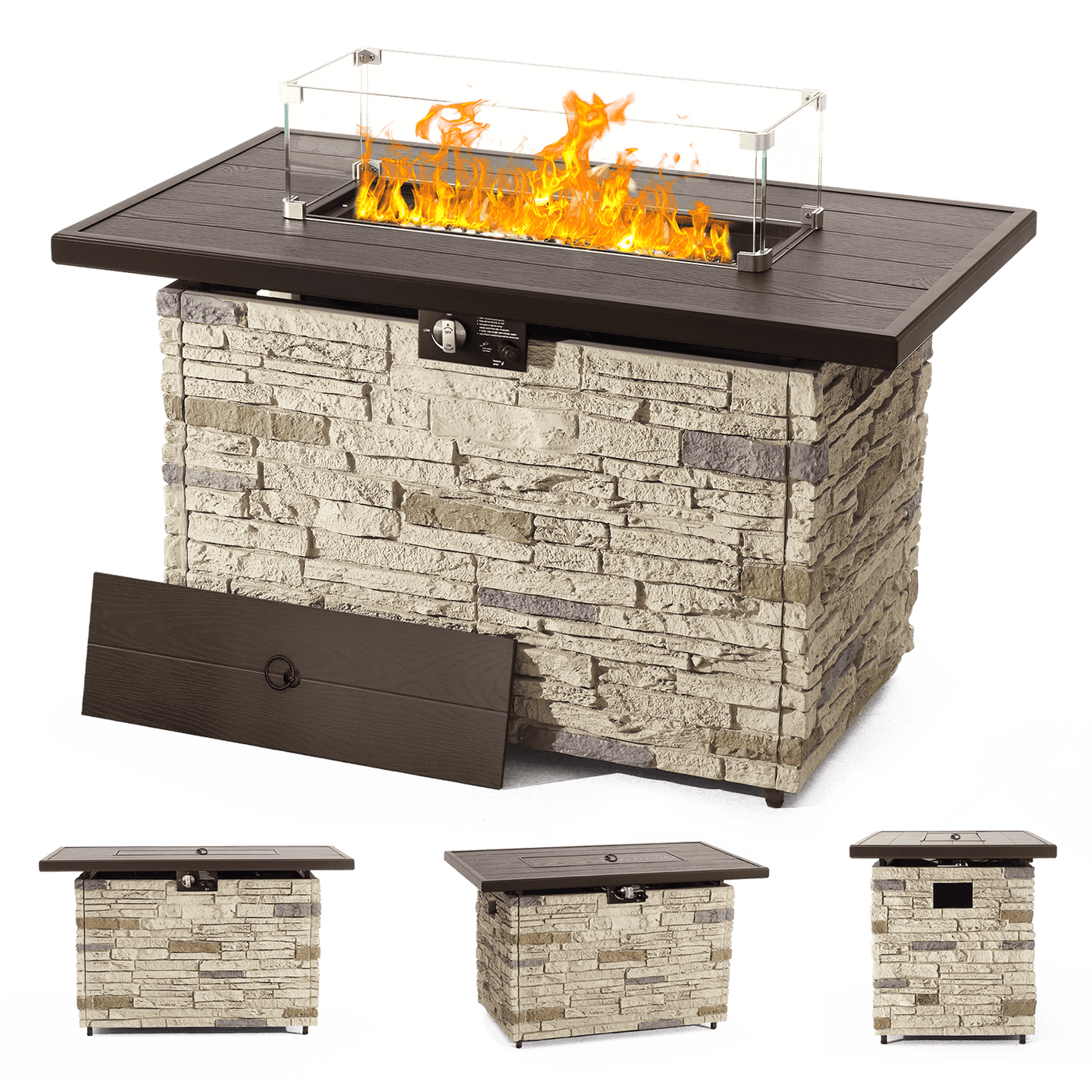 Pizzello Caldo- 43" Propane Fire Pit Table Rectangular Stone Firepit Table - Pizzello#color_buff