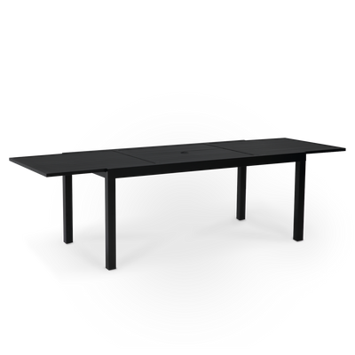 Black rectangular patio dining set with minimalist design; four-legged chairs and table. Available at Walmart for an unbeatable price.