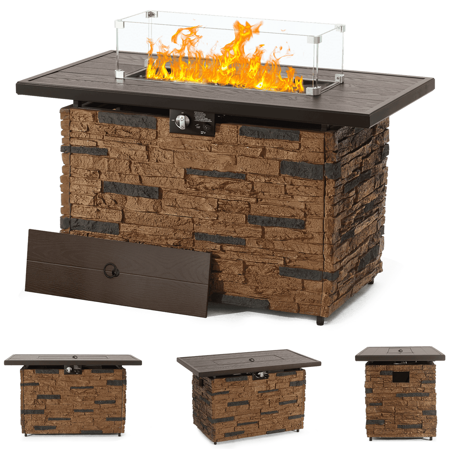 Pizzello Caldo- 43" Propane Fire Pit Table Rectangular Stone Firepit Table - Pizzello#color_brown