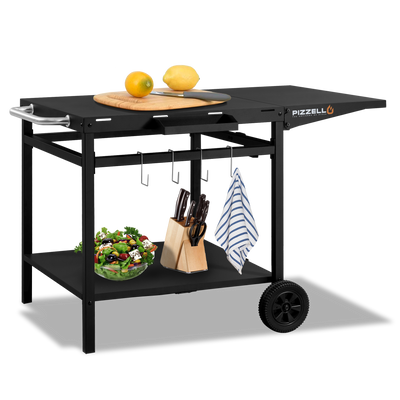 Pizzello Outdoor Grill Dining Cart Movable Pizza Oven Trolley BBQ Stand with cooking utensils, a salad, and lemons on a cutting board.Pizzello Outdoor Grill Dining Cart Movable Pizza Oven Trolley BBQ Stand - Pizzello#size_large