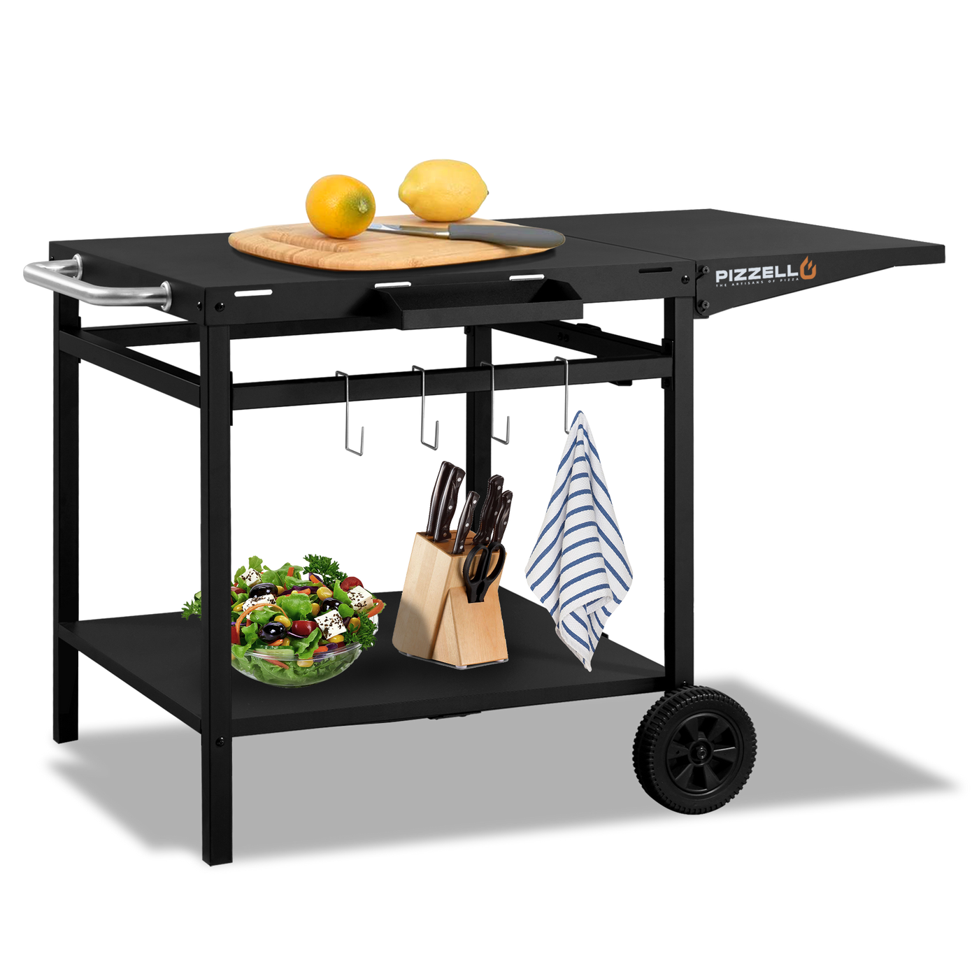 Black grill cart with a salad bowl, knife block, towel, and lemons. Top features Pizza Oven & Cart logo and pizza peel. Mobile on wheels. Available at Walmart.