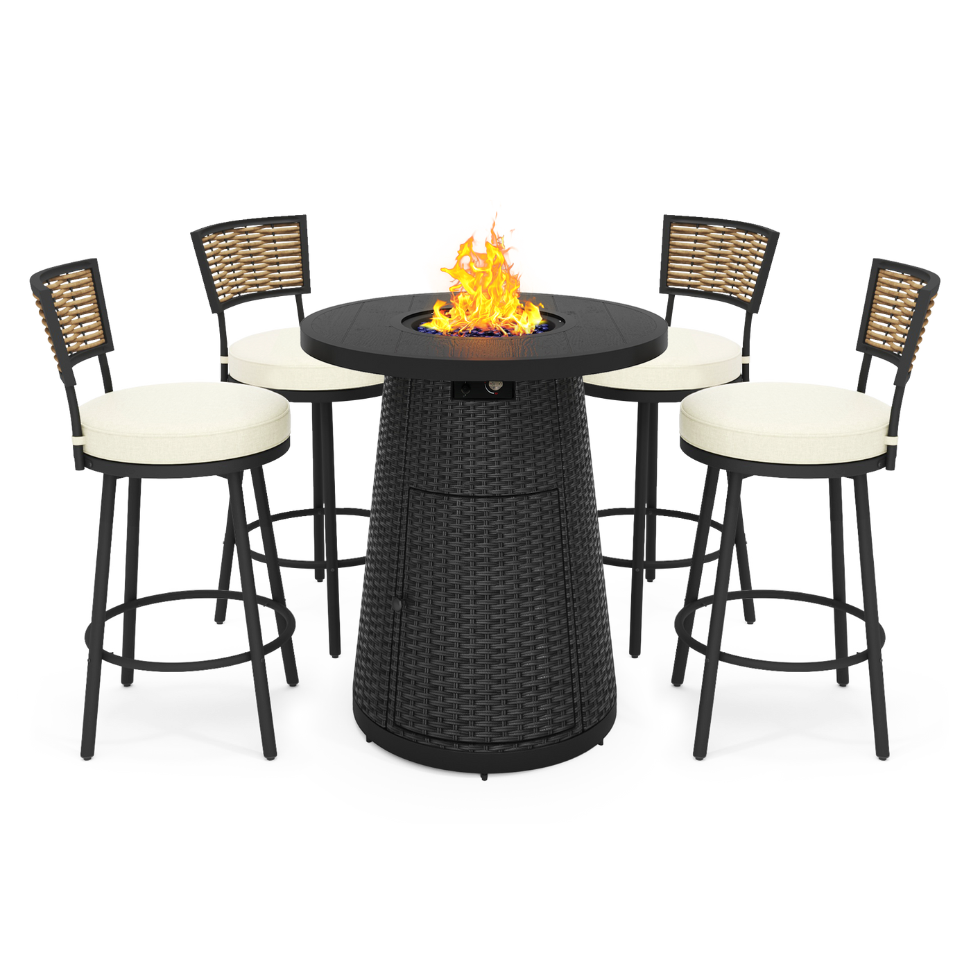 Walmart's Fire Pit Table set includes a sleek black table and four woven bar stools with flames, all at an unbeatable price.