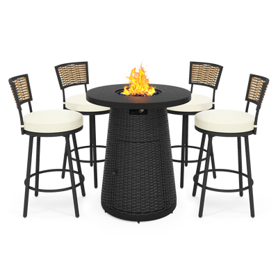 Walmart's Fire Pit Table set includes a sleek black table and four woven bar stools with flames, all at an unbeatable price.