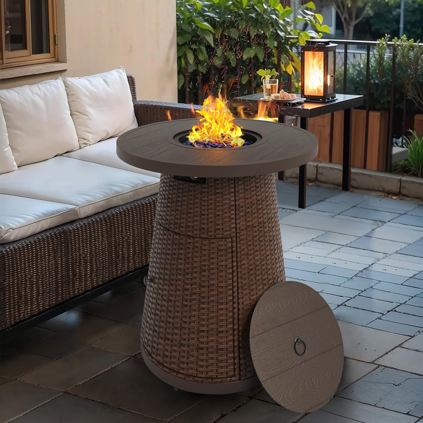 Pizzello Godere - 31.5" Propane Fire Pit Table Outdoor Round Wicker Gas Fire Table#color_brown