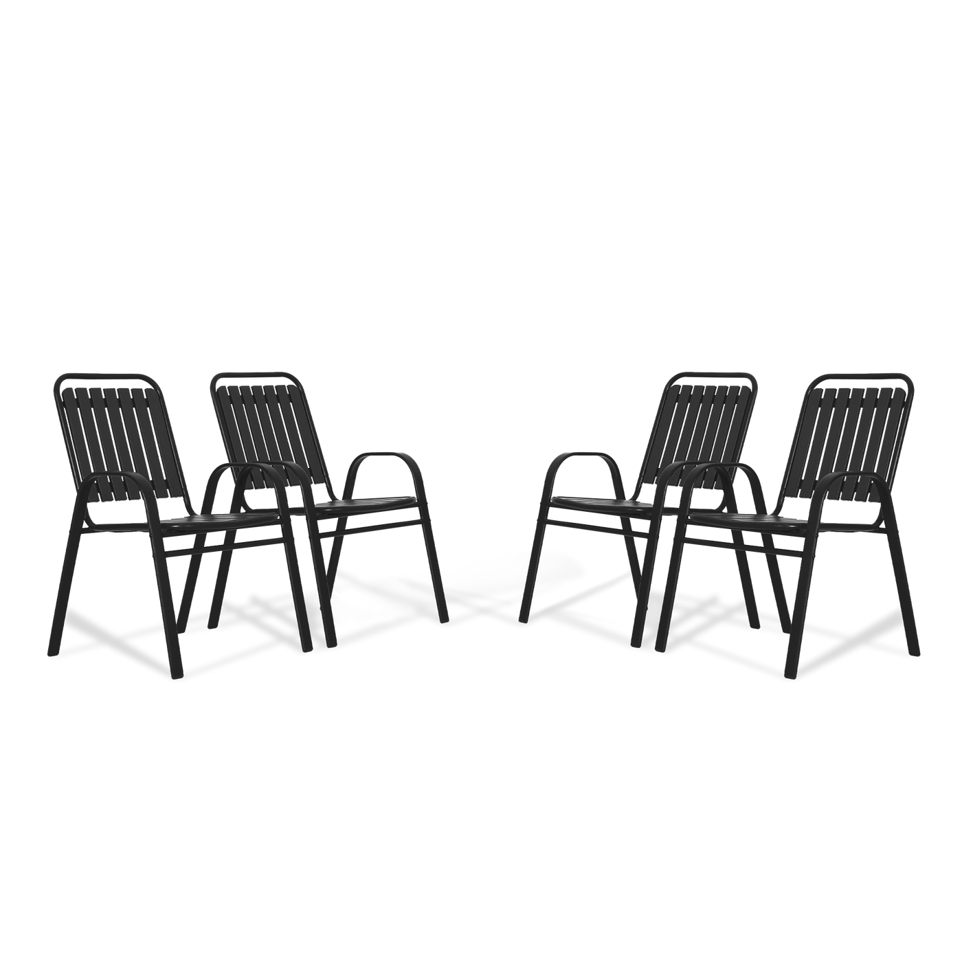 Four black Patio Dining Chairs and Tables at Walmart, arranged in a circle with shadows beneath.