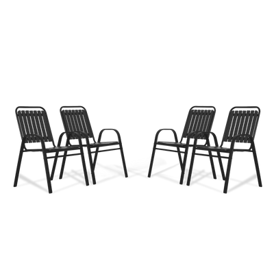 Four black Patio Dining Chairs and Tables at Walmart, arranged in a circle with shadows beneath.