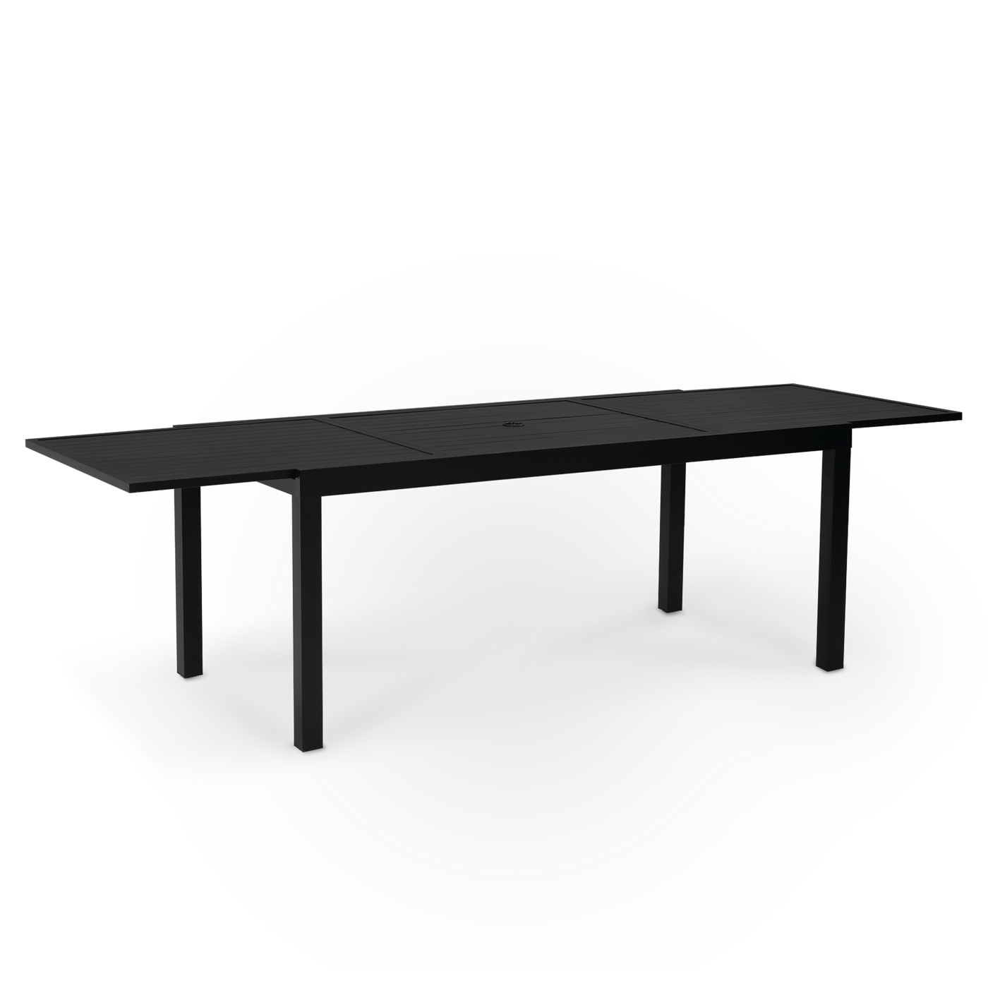 A black, modern office desk with a sleek, Pizzello Aluminum Patio Extendable Dining Table frame design.