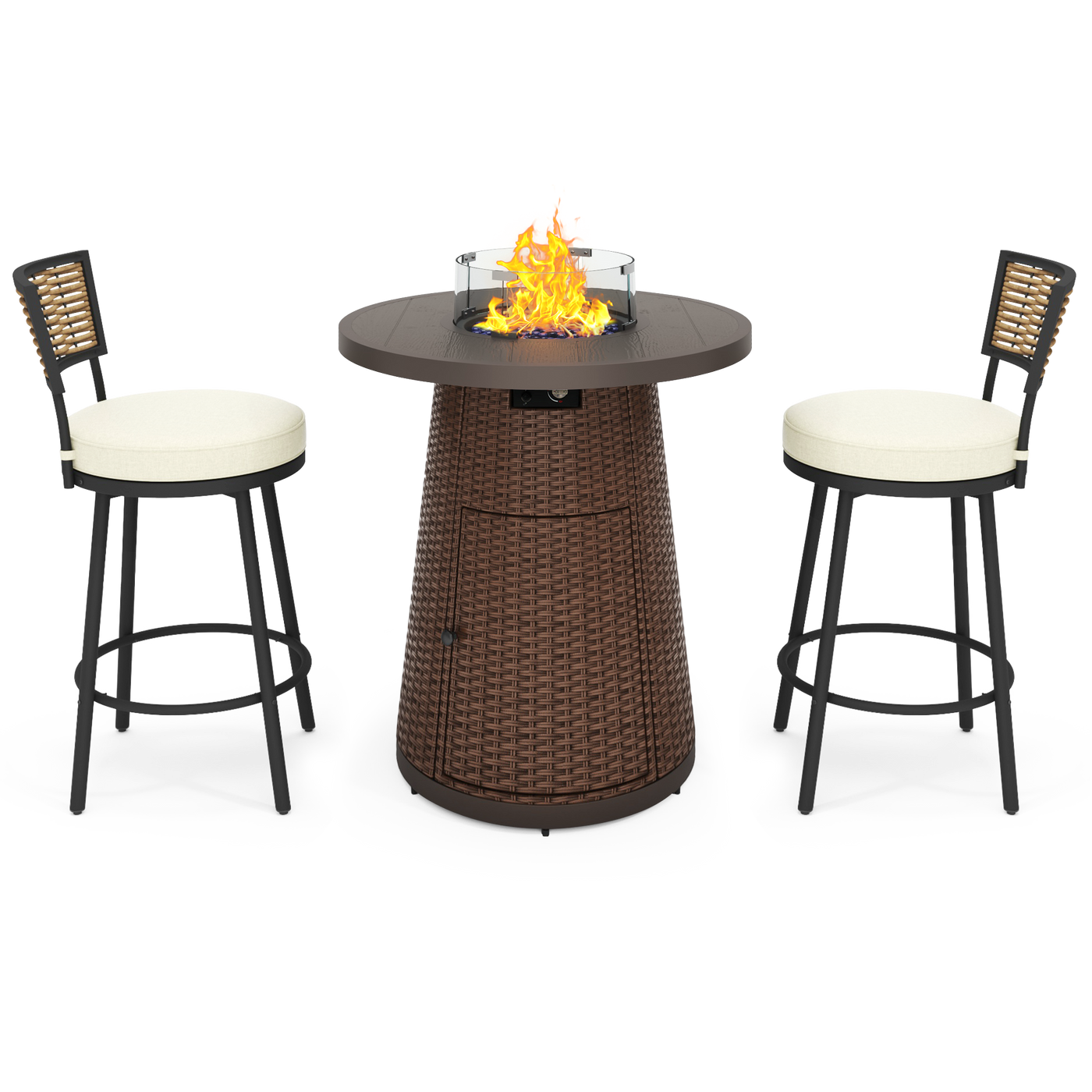 Pizzello Godere - 31.5" Propane Fire Pit Table Outdoor Round Wicker Gas Fire Table#color_brown