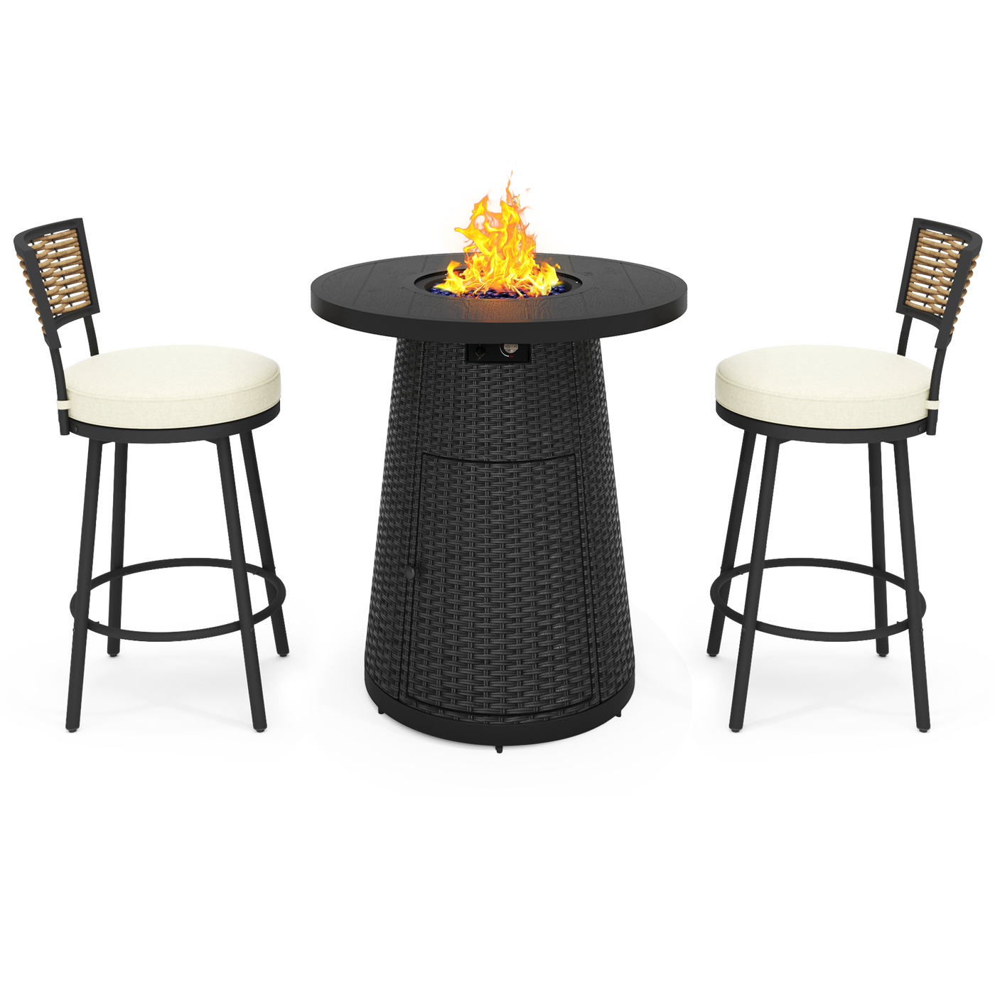 Upgrade your outdoor space with the Fire Pit Table set, including two bar stools with cushioned seats. Available at Walmart.