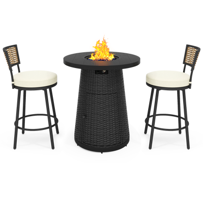 Upgrade your outdoor space with the Fire Pit Table set, including two bar stools with cushioned seats. Available at Walmart.