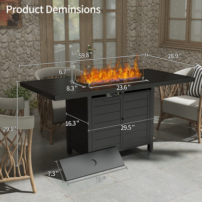 Pizzello Passione - 59.8" Aluminum Propane Fire Pit Table 50,000 BTU Outdoor Rectangular Dining Table