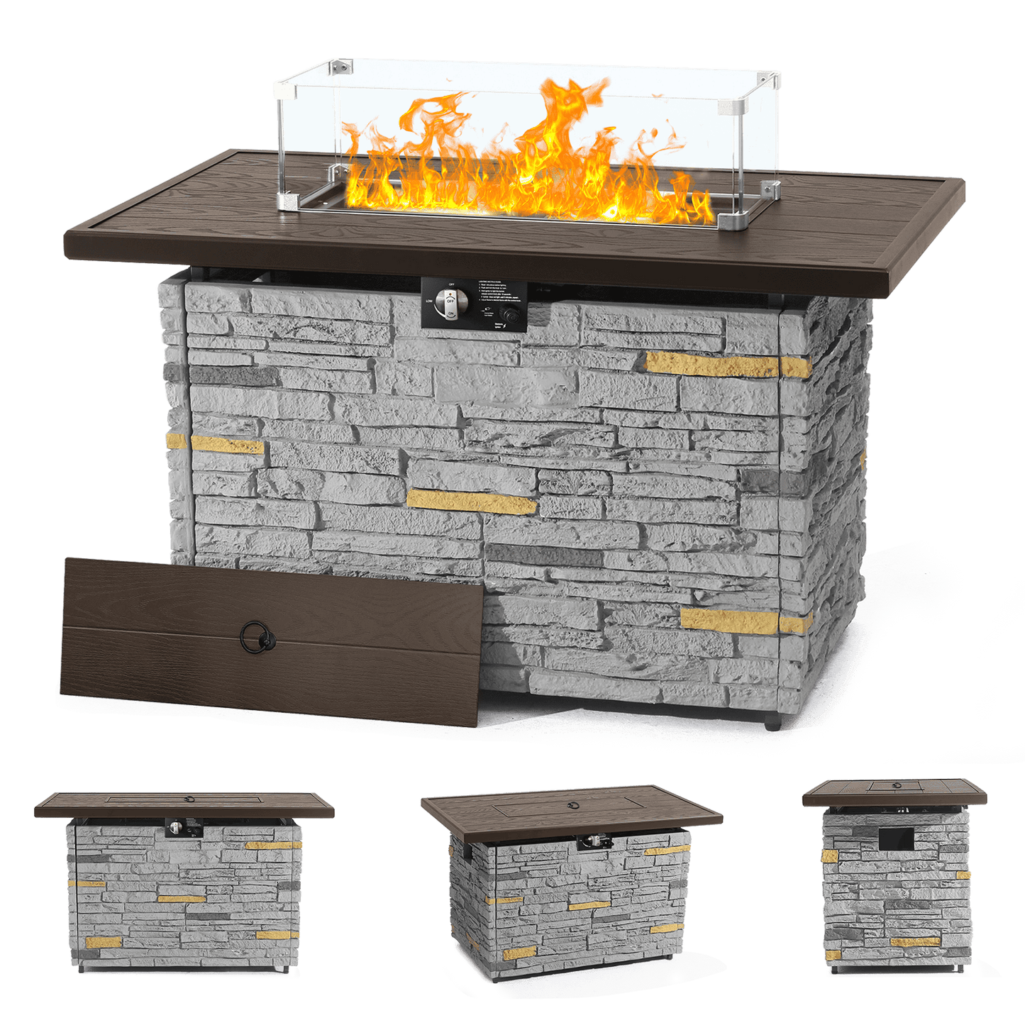 Pizzello Caldo- 43" Propane Fire Pit Table Rectangular Stone Firepit Table - Pizzello#color_gray