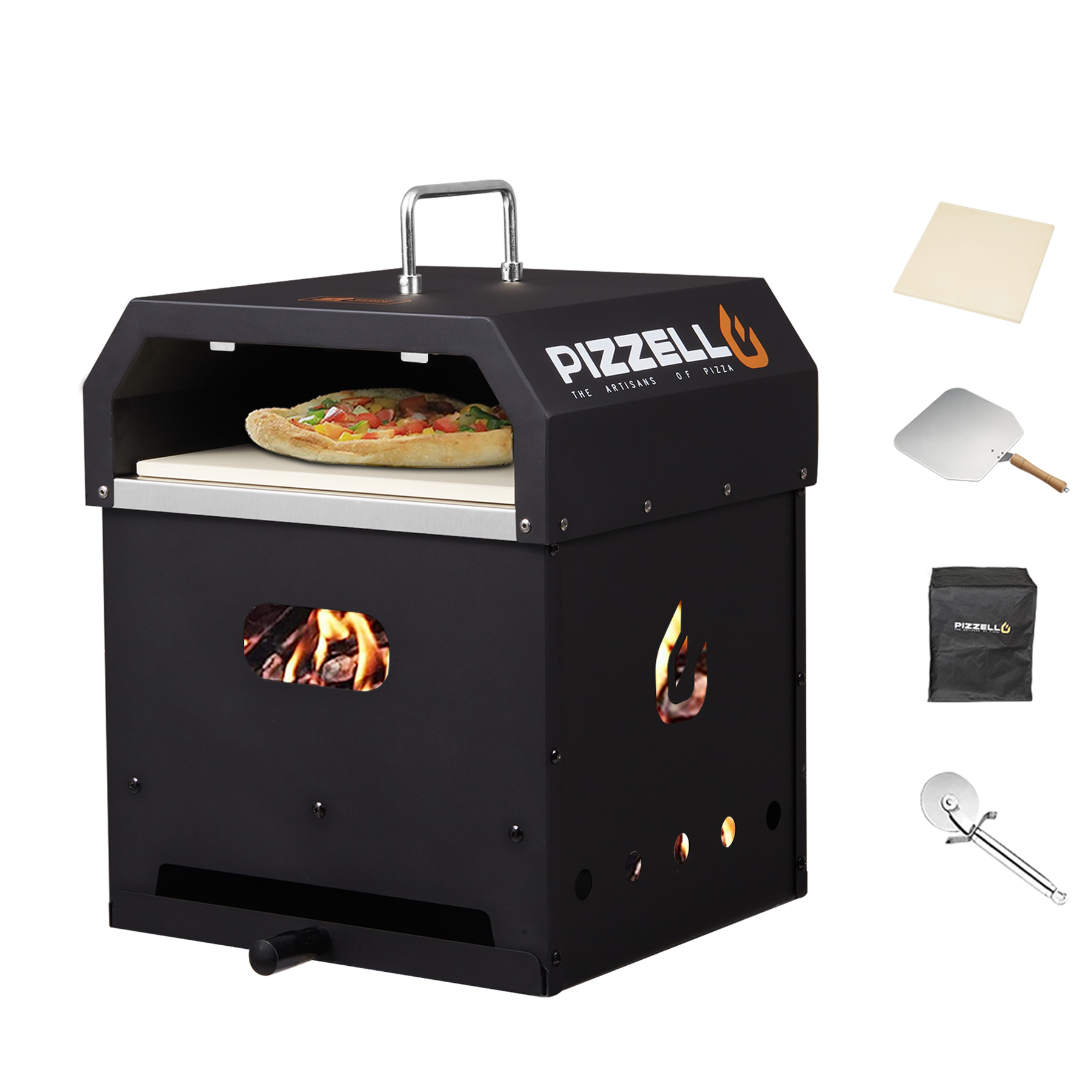 Black PIZZELLO outdoor pizza oven with flame cut-out, features stone-baked pizza inside. Comes with peel, cutter, and stone.
