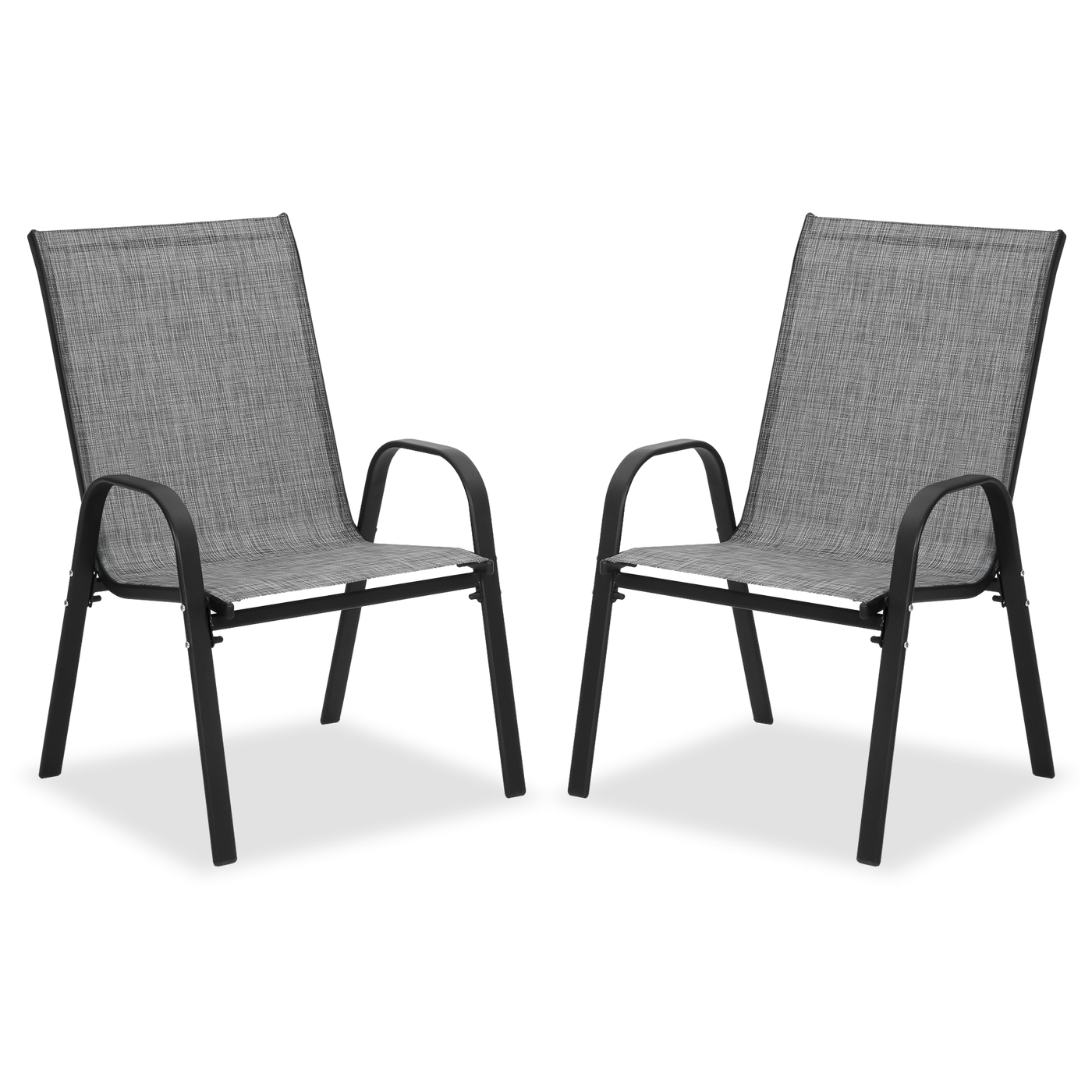 Two gray cushioned patio chairs and black frame tables at Walmart for an unbeatable price.