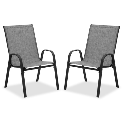 Two gray cushioned patio chairs and black frame tables at Walmart for an unbeatable price.