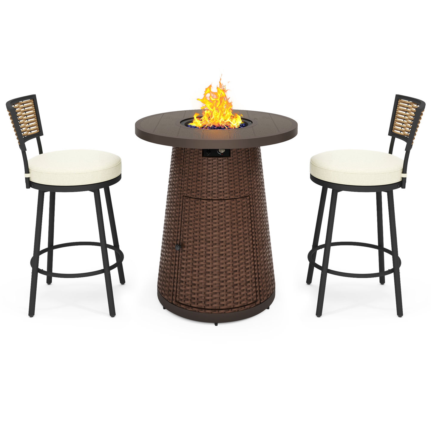 Pizzello Godere - 31.5" Propane Fire Pit Table Outdoor Round Wicker Gas Fire Table#color_brown