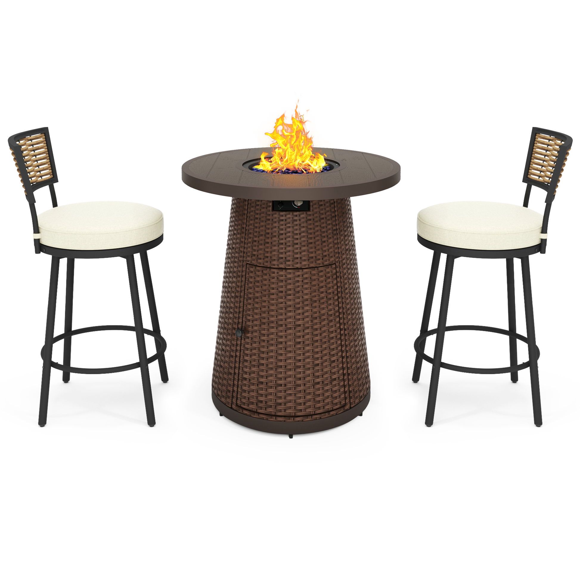 Pizzello Godere - 31.5" Propane Fire Pit Table Outdoor Round Wicker Gas Fire Table#color_brown