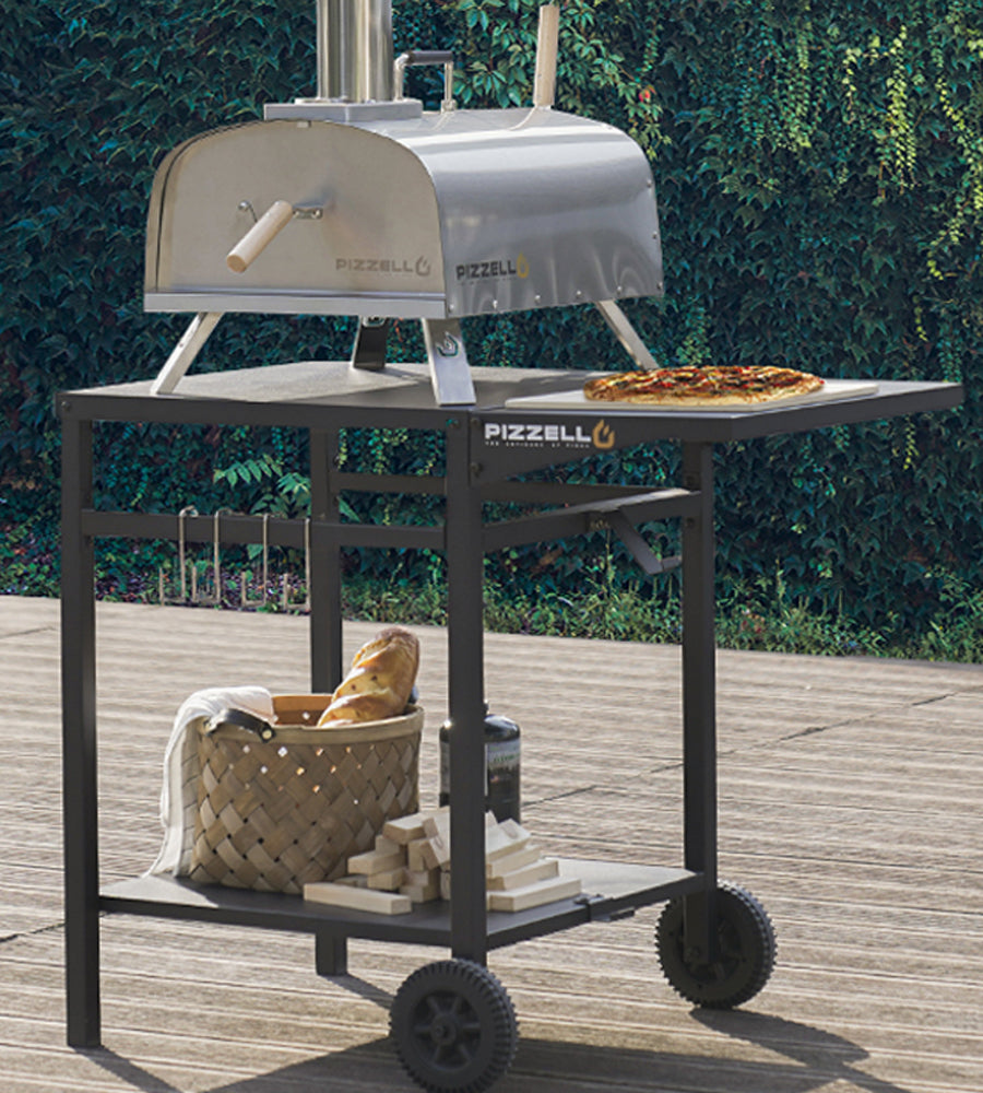 Outdoor Grill Cart Pizza Oven Trolley Stand Double Shelf Outdoor Worktable with 2 Wheels Pizzello