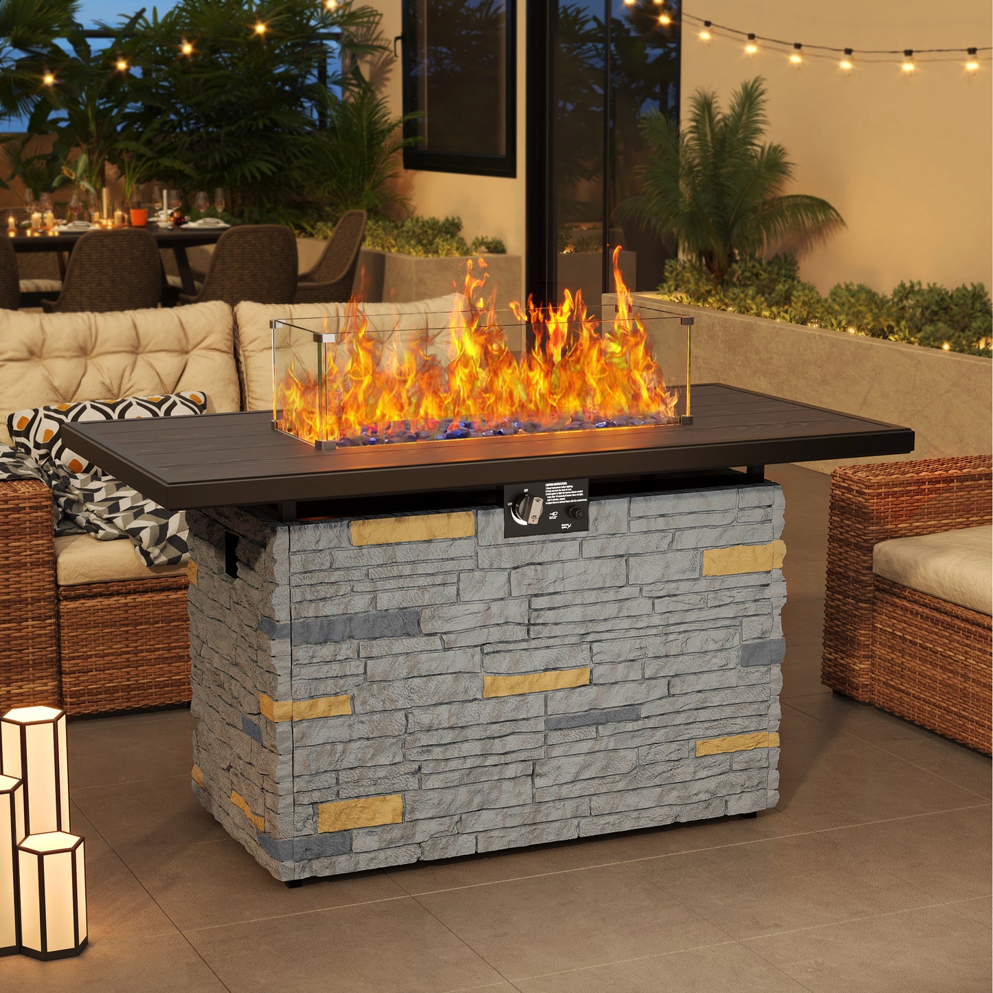 Pizzello Caldo- 43" Propane Fire Pit Table Rectangular Stone Firepit Table - Pizzello#color_gray