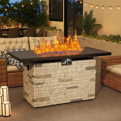 Pizzello Caldo- 43" Propane Fire Pit Table Rectangular Stone Firepit Table - Pizzello#color_buff