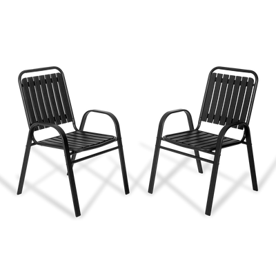 Two black metal patio chairs with armrests and a table are positioned facing each other, casting shadows on a white background. Available at Walmart.