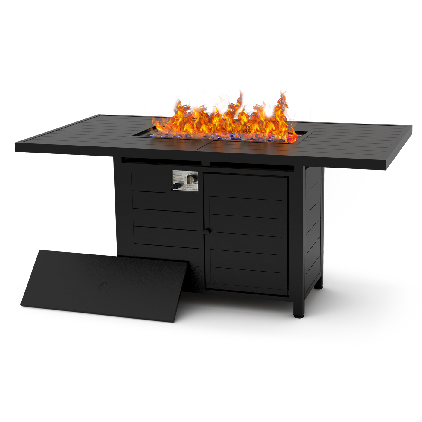 Check out the sleek **Fire Pit Table** at Walmart, featuring mesmerizing flames, a storage compartment, and a detached panel—all affordably priced.