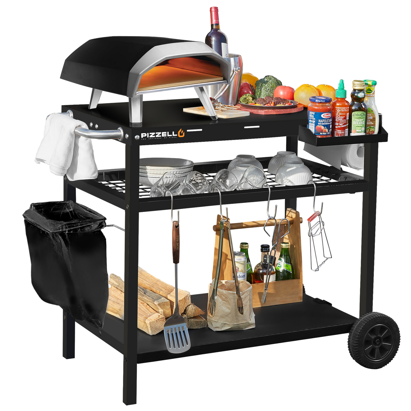 A black Pizza Oven & Cart with utensils, condiments, produce, wine, and kitchenware—plus firewood & waste bin—all at a great Walmart price.