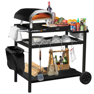 A black Pizza Oven & Cart with utensils, condiments, produce, wine, and kitchenware—plus firewood & waste bin—all at a great Walmart price.