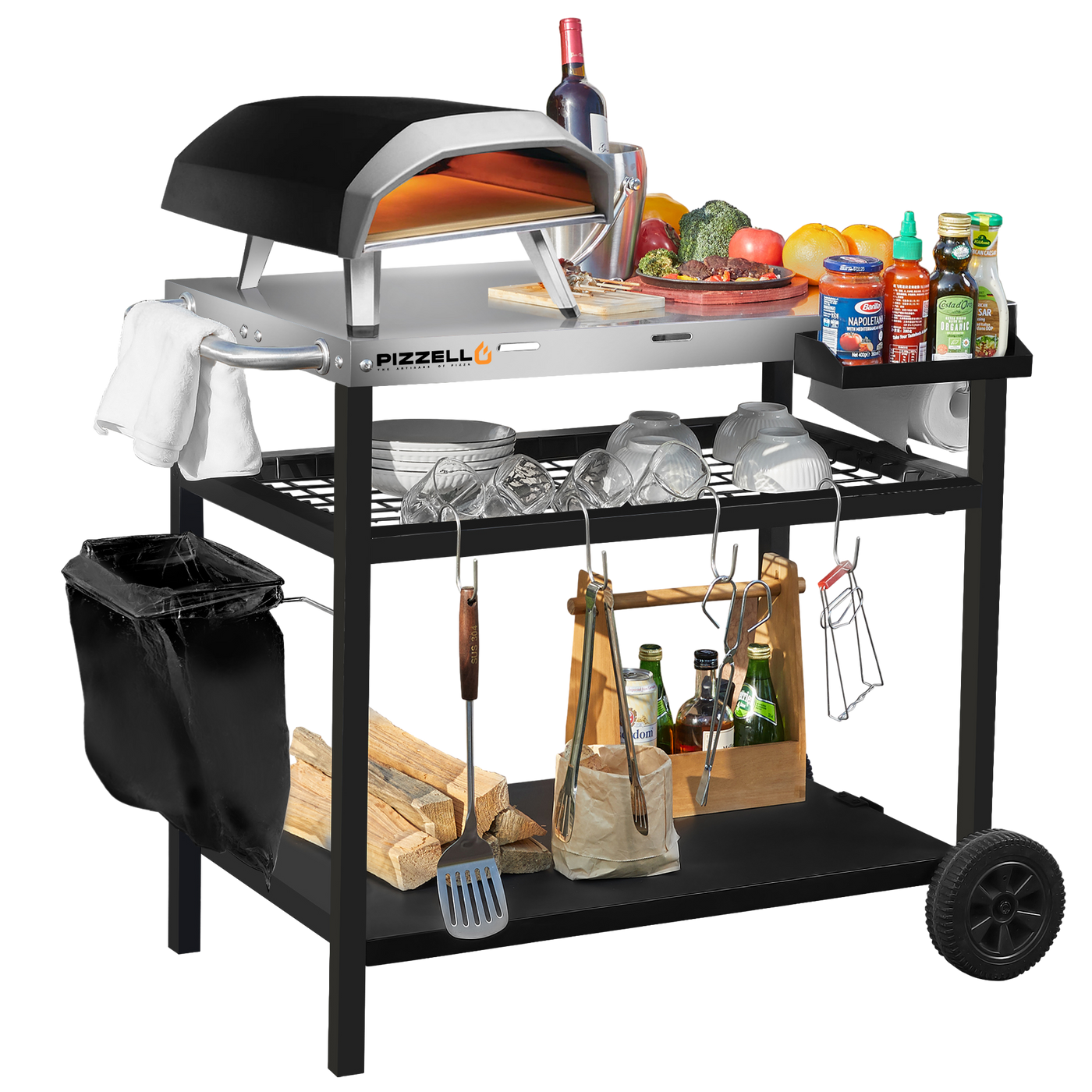 A Pizza Oven & Cart with wood, tools, sauces, ingredients, drinks on shelves. Oven active. All at Walmart price.