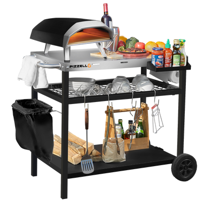 A Pizza Oven & Cart with wood, tools, sauces, ingredients, drinks on shelves. Oven active. All at Walmart price.