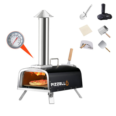 Pizza Oven & Cart with flames, baking pizza. Includes temp gauge, peel, cutter, server, cover, brush. Available at a great Walmart price.