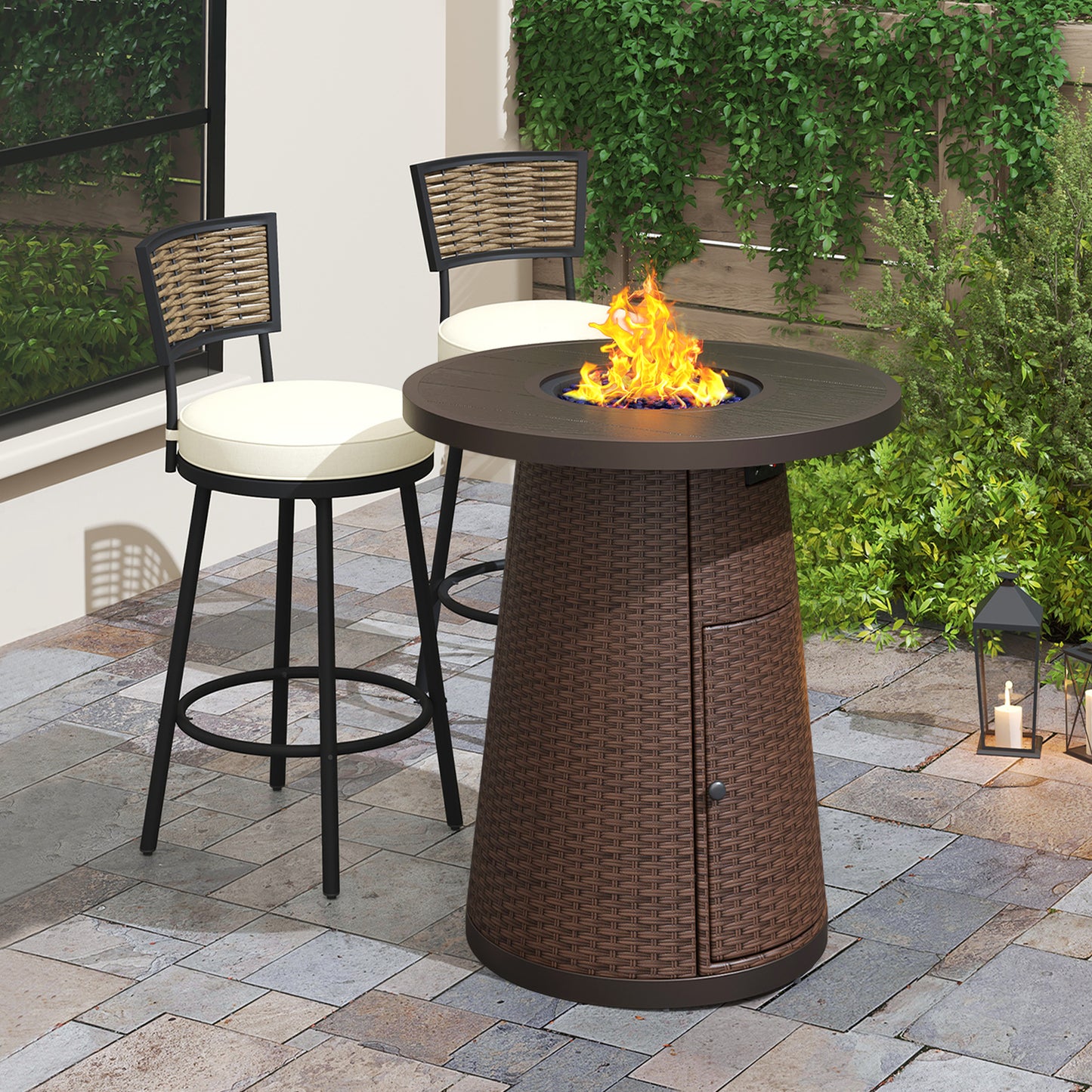 Pizzello Godere - 31.5" Propane Fire Pit Table Outdoor Round Wicker Gas Fire Table#color_brown