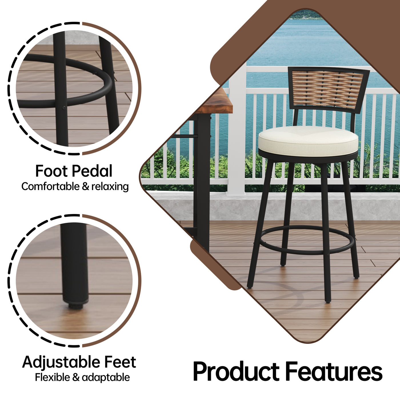 Pizzello Outdoor Swivel Bar Stools, Patio Counter Height Barstools#size_6pcs